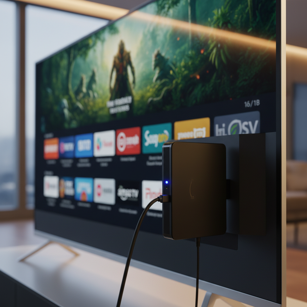 Close-up de um novo Fire TV Stick HD conectado a uma porta HDMI de uma televisão moderna, com a interface do Fire TV exibida na tela. Luz ambiente suave.