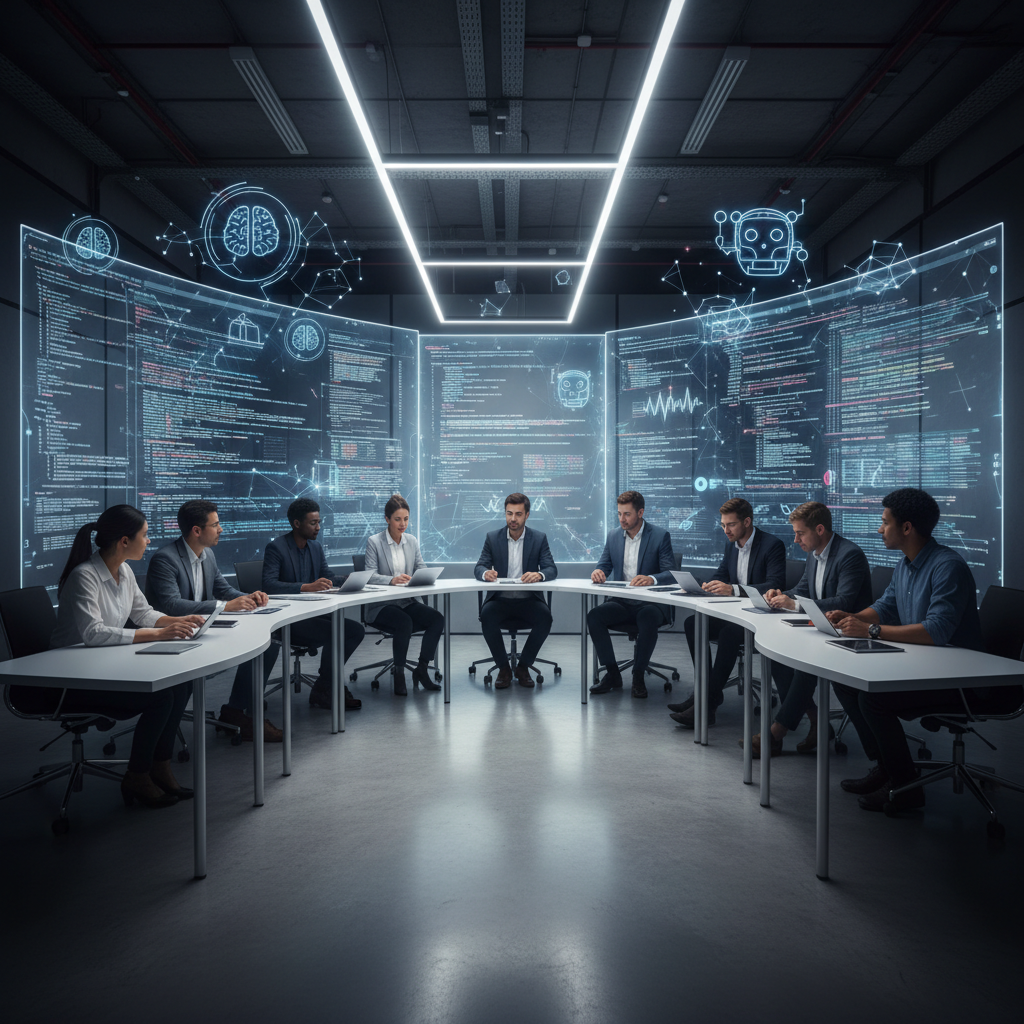 Uma imagem em estilo editorial mostrando um grupo de engenheiros em uma sala de treinamento moderna, com interfaces de programação em telas e símbolos de inteligência artificial flutuando ao redor, representando o aprendizado e a colaboração em IA para a Siri.