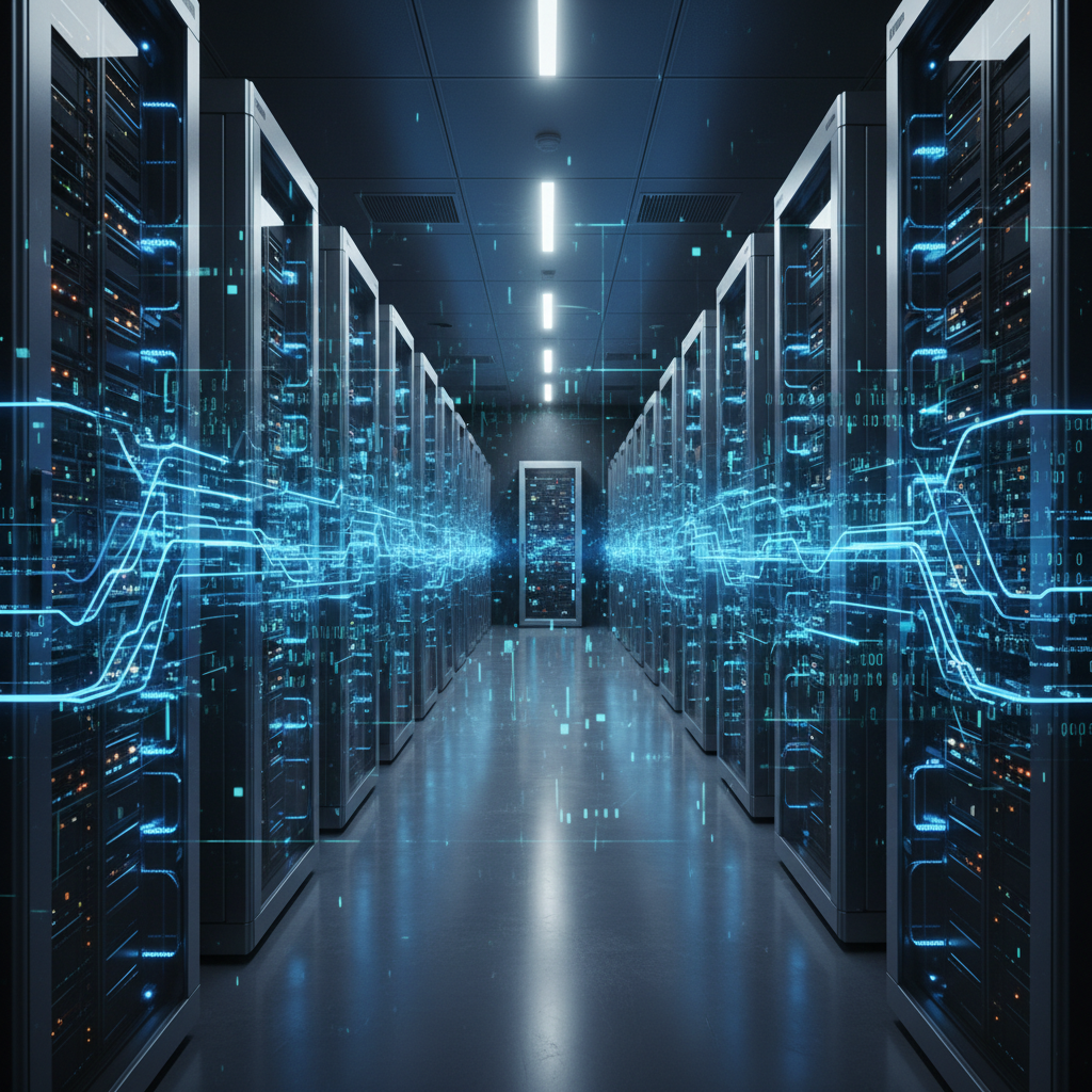 Vista aérea de um complexo de data centers, com servidores visíveis através de painéis de vidro, simbolizando a infraestrutura de dados e segurança cibernética.