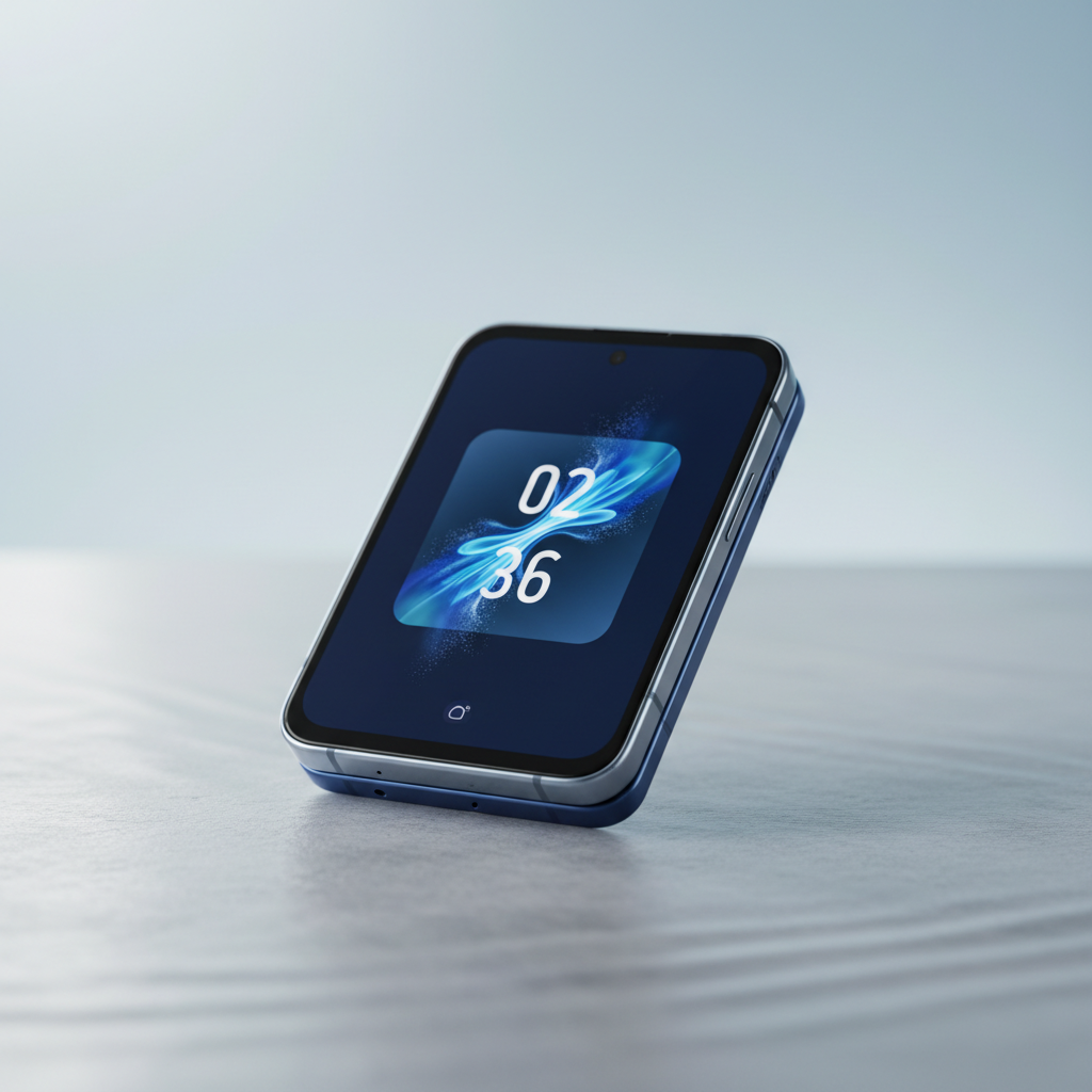 Close-up do Galaxy Z Flip 7 dobrado, mostrando a tela externa e a dobradiça flexível em um fundo desfocado.