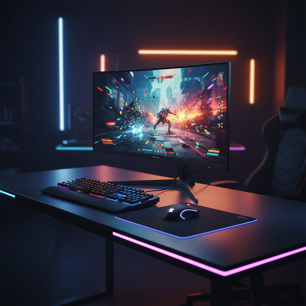 Monitor Samsung Odyssey G5 de 27 polegadas com tela curva exibindo um jogo vibrante, em um setup gamer moderno.