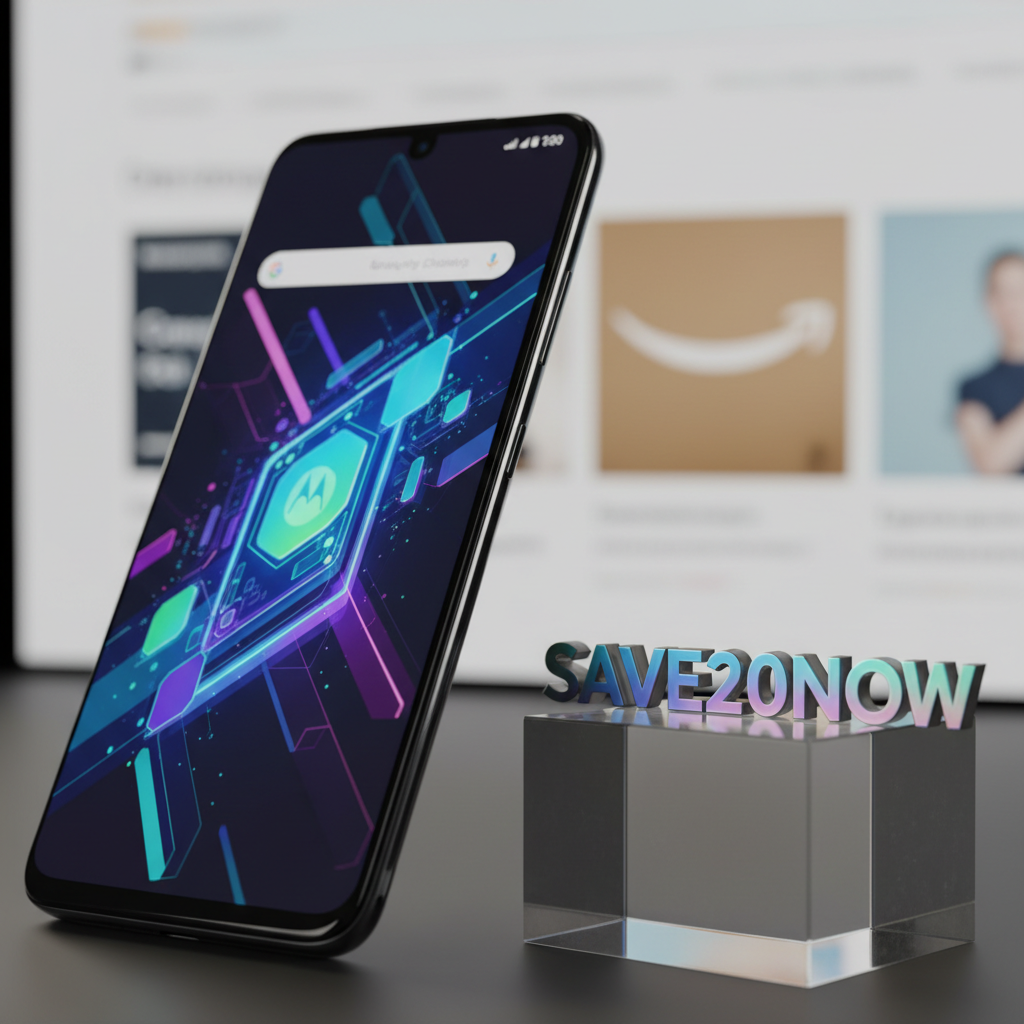 Motorola Edge 60 Pro com tela acesa exibindo interface de usuário, ao lado de um cupom de desconto em um fundo de compras online da Amazon.