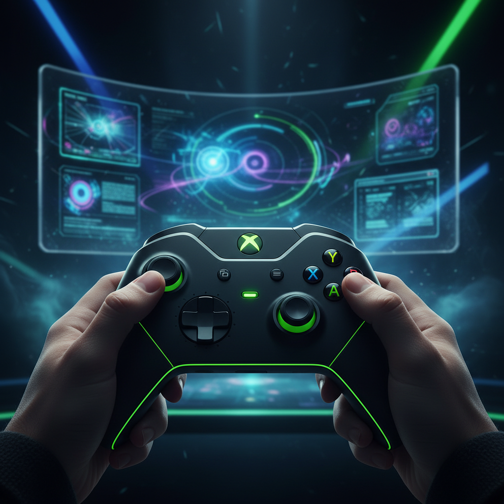 Close-up futurista de um controle de videogame com iluminação neon, representando o Project Helix da Microsoft e a próxima geração do Xbox.