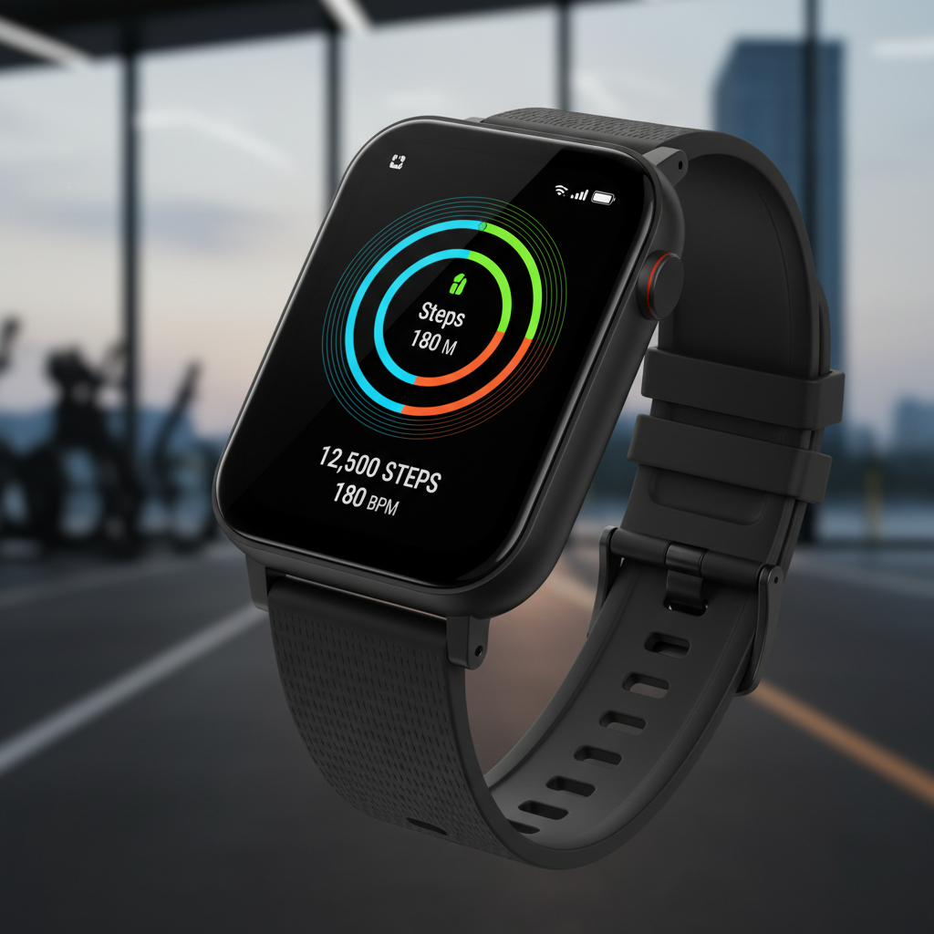 Smartwatch Xiaomi Redmi Watch 5 Active na cor preta, mostrando a tela com informações de atividade física, sobre um fundo levemente desfocado que sugere movimento ou uma rotina ativa.