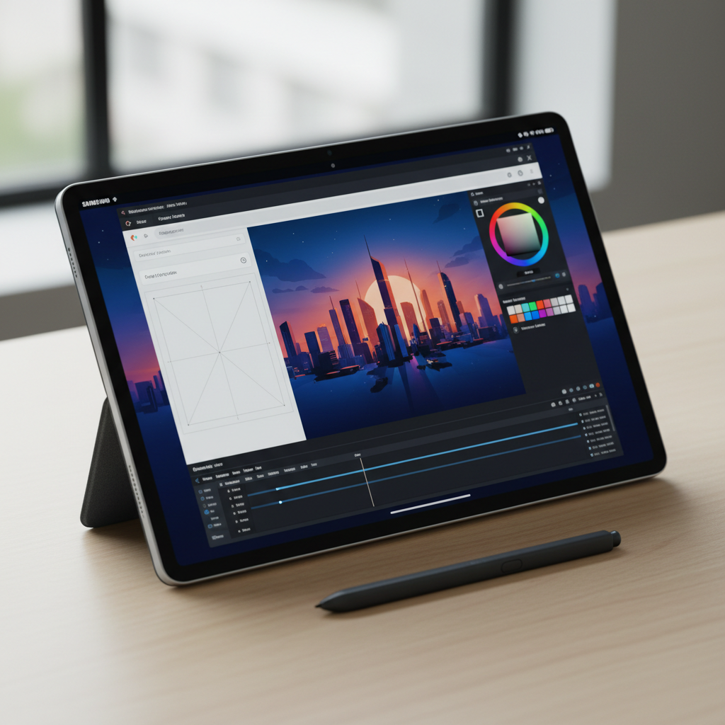 Imagem em close-up de um Samsung Galaxy Tab S11 5G com a S Pen ao lado, destacando a tela.