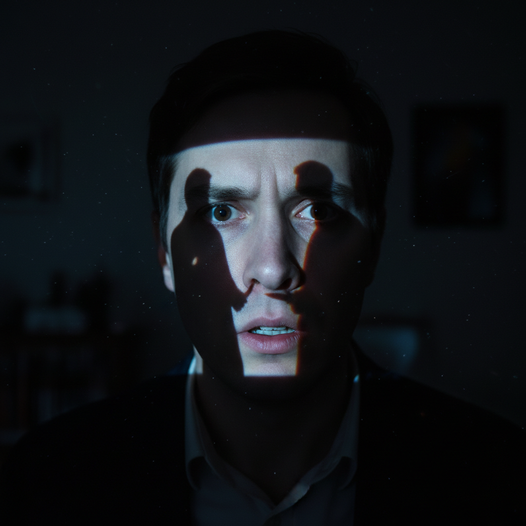 Pessoa assistindo televisão em um ambiente escuro, com silhuetas de personagens de suspense na tela.
