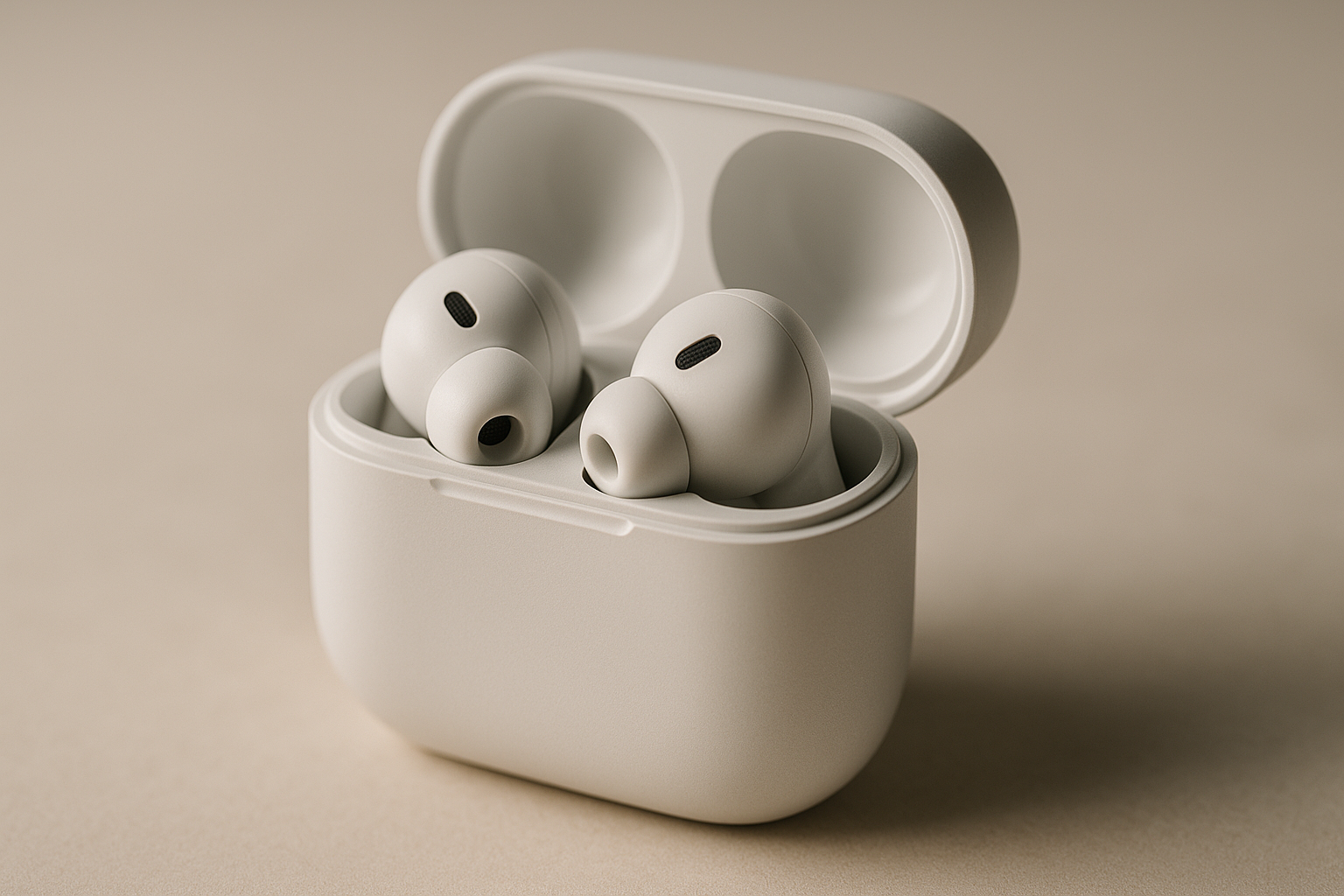 AirPods Pro 3 em estojo aberto mostrando os fones e estojo USB-C, destacando o ANC e o sensor de frequência cardíaca