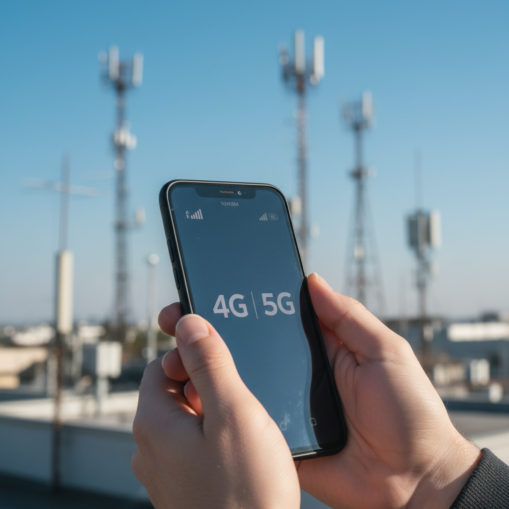 Mãos segurando um smartphone com ícone de rede 4G e 5G em fundo desfocado de antenas de transmissão.