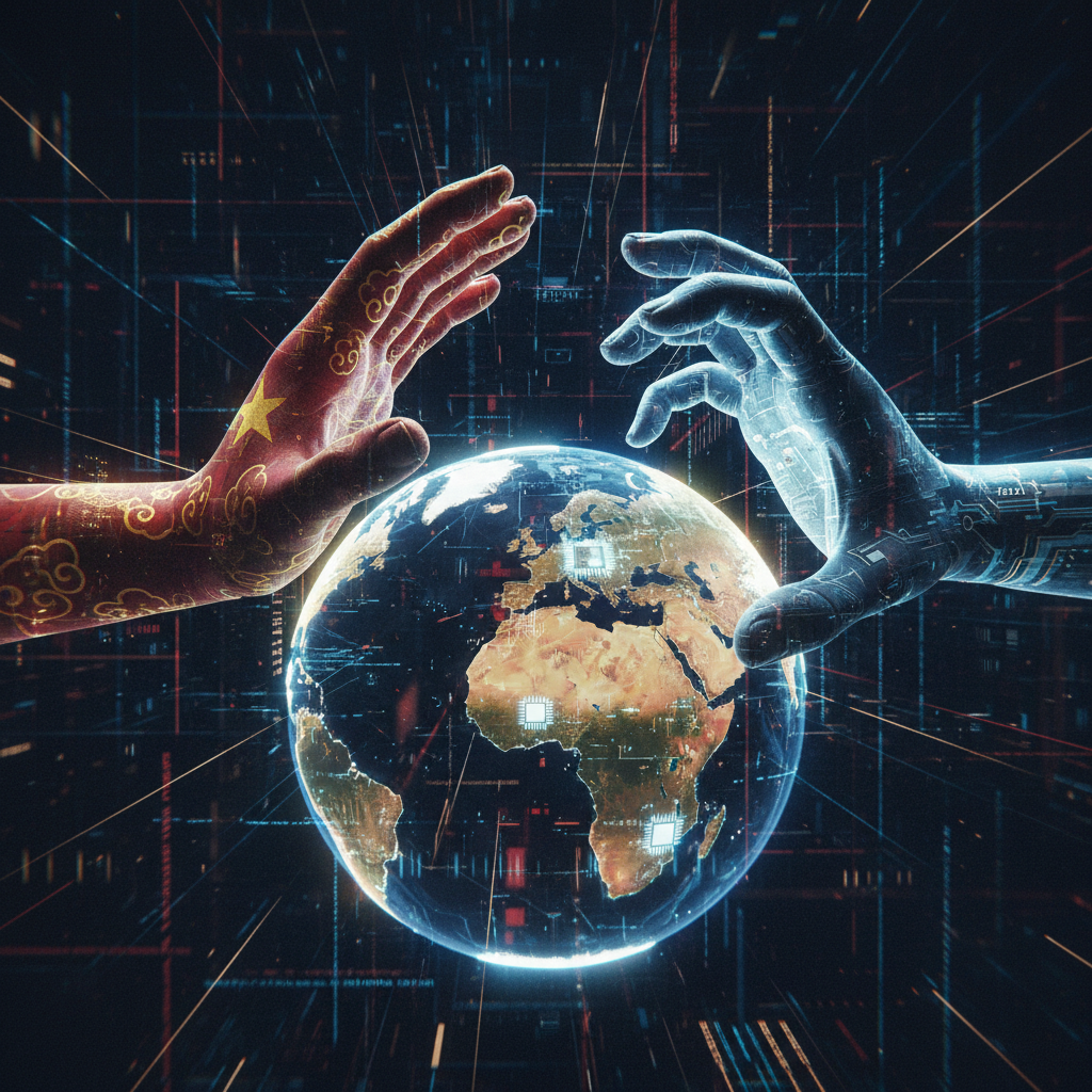 Mãos digitais interligadas sobre um mapa-múndi iluminado, simbolizando a complexidade das relações tecnológicas globais e o impacto geopolítico das decisões sobre inteligência artificial