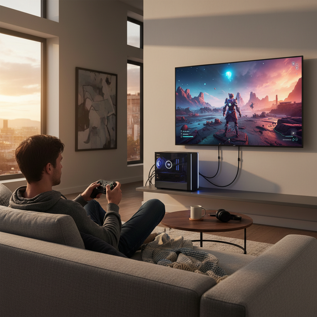 Pessoa jogando videogame com controle em um sofá, com uma TV grande exibindo um jogo colorido e um PC discretamente conectado ao lado. Ambiente de sala iluminado.