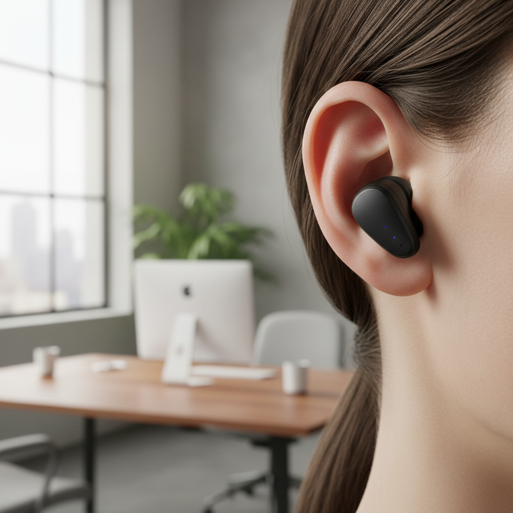 Close-up detalhado de um fone de ouvido Dell Pro Plus preto no ouvido de uma pessoa em um ambiente de escritório moderno, com baixa profundidade de campo.