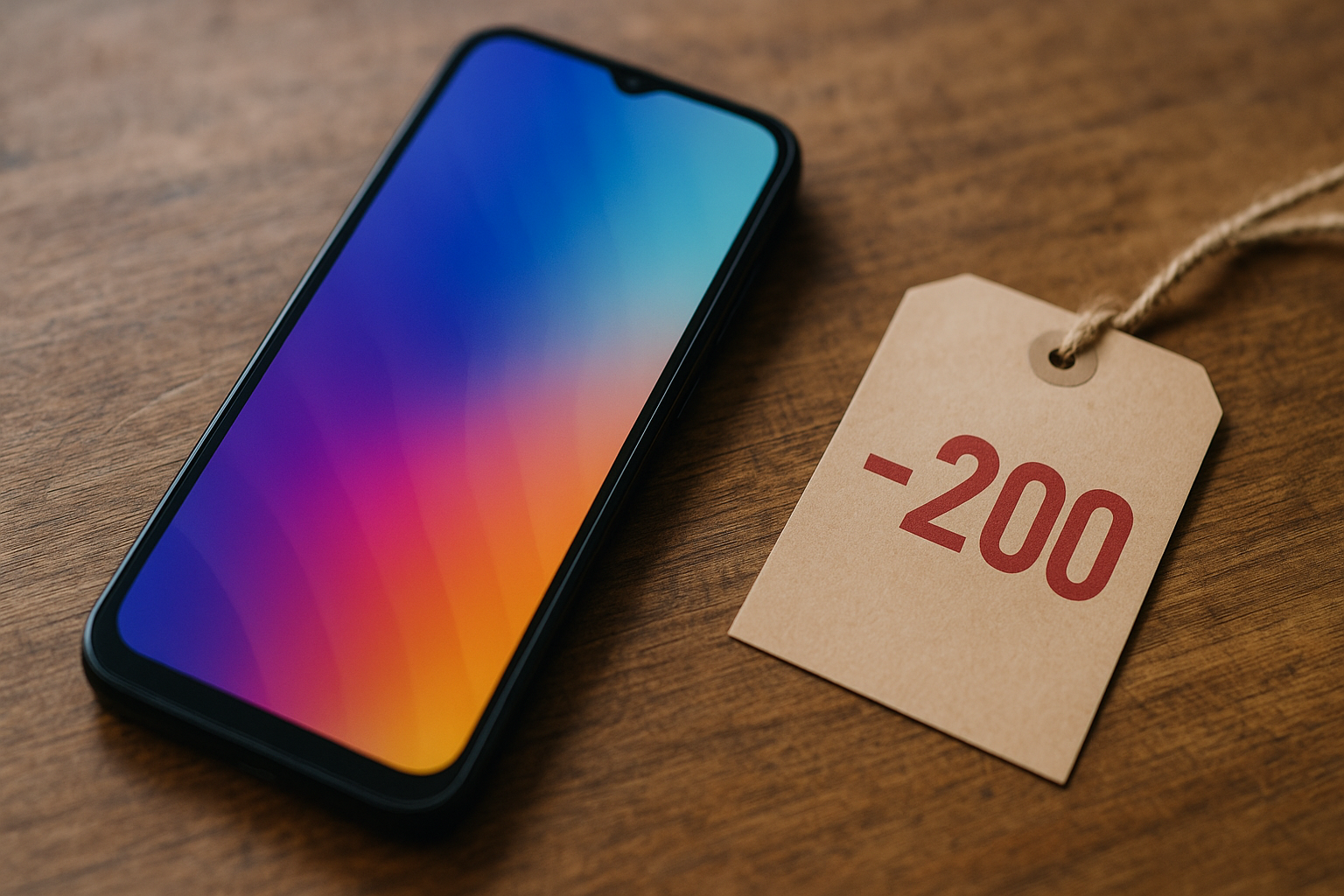 galaxy a37 desconto em destaque com o aparelho em mesa, mostrando a tela Super AMOLED e sugestão de preço em etiqueta (imagem editorial).