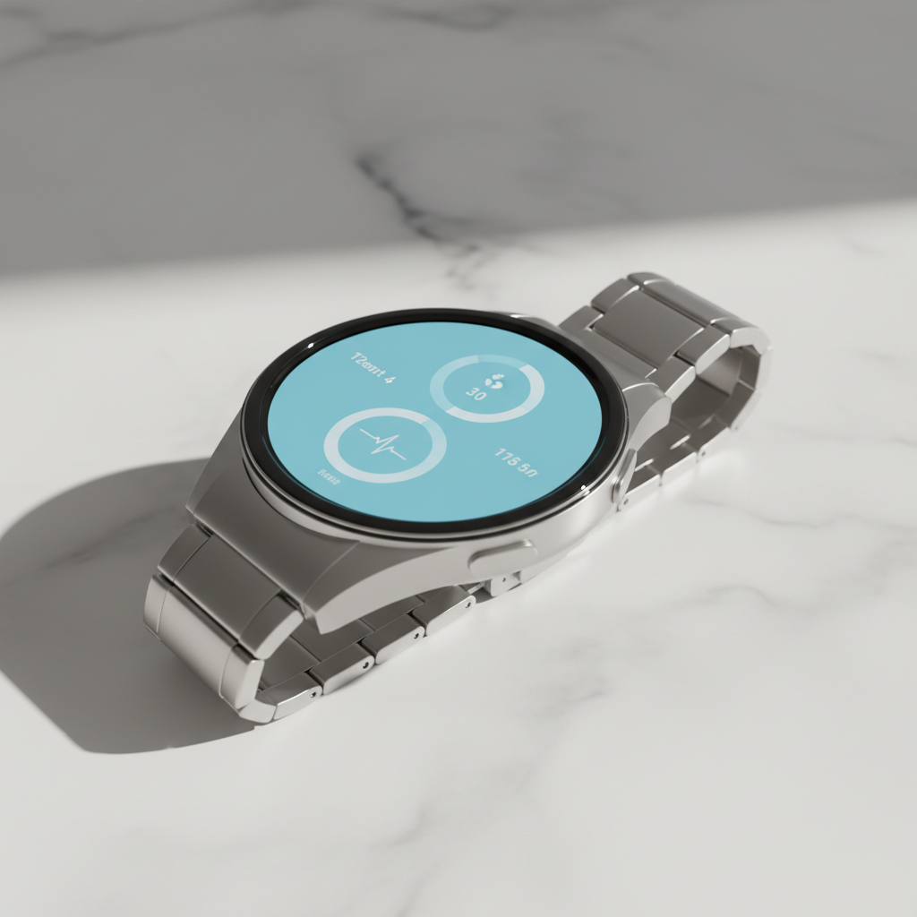 Smartwatch Samsung Galaxy Watch 8 Bluetooth de 40mm com tela azul clara, exibindo um mostrador e pulseira prateada, sobre uma superfície neutra e iluminada