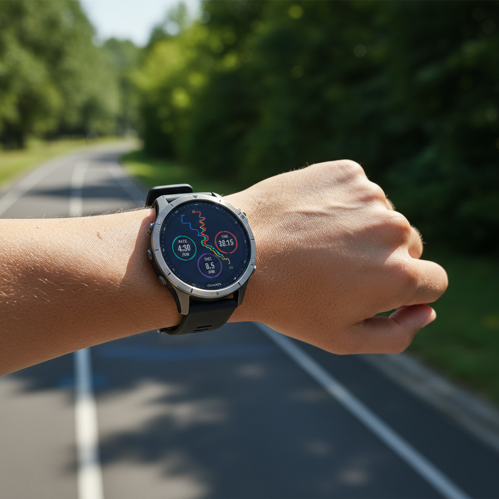 Smartwatch Garmin Forerunner 965 em ambiente esportivo, mostrando a tela AMOLED com dados de corrida e a pulseira de silicone preta.