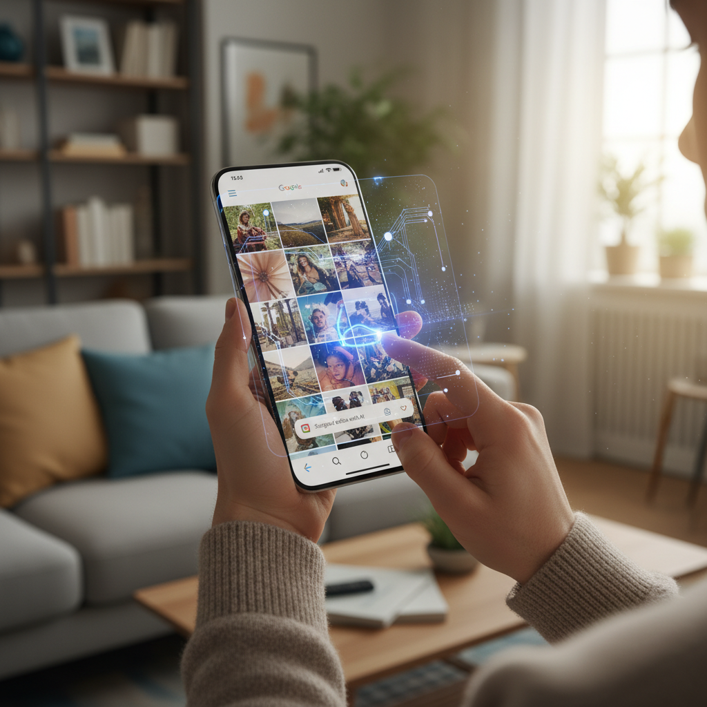 Pessoas utilizando um smartphone com o Gemini interagindo com suas fotos no Google Fotos, ilustrando a organização de imagens.