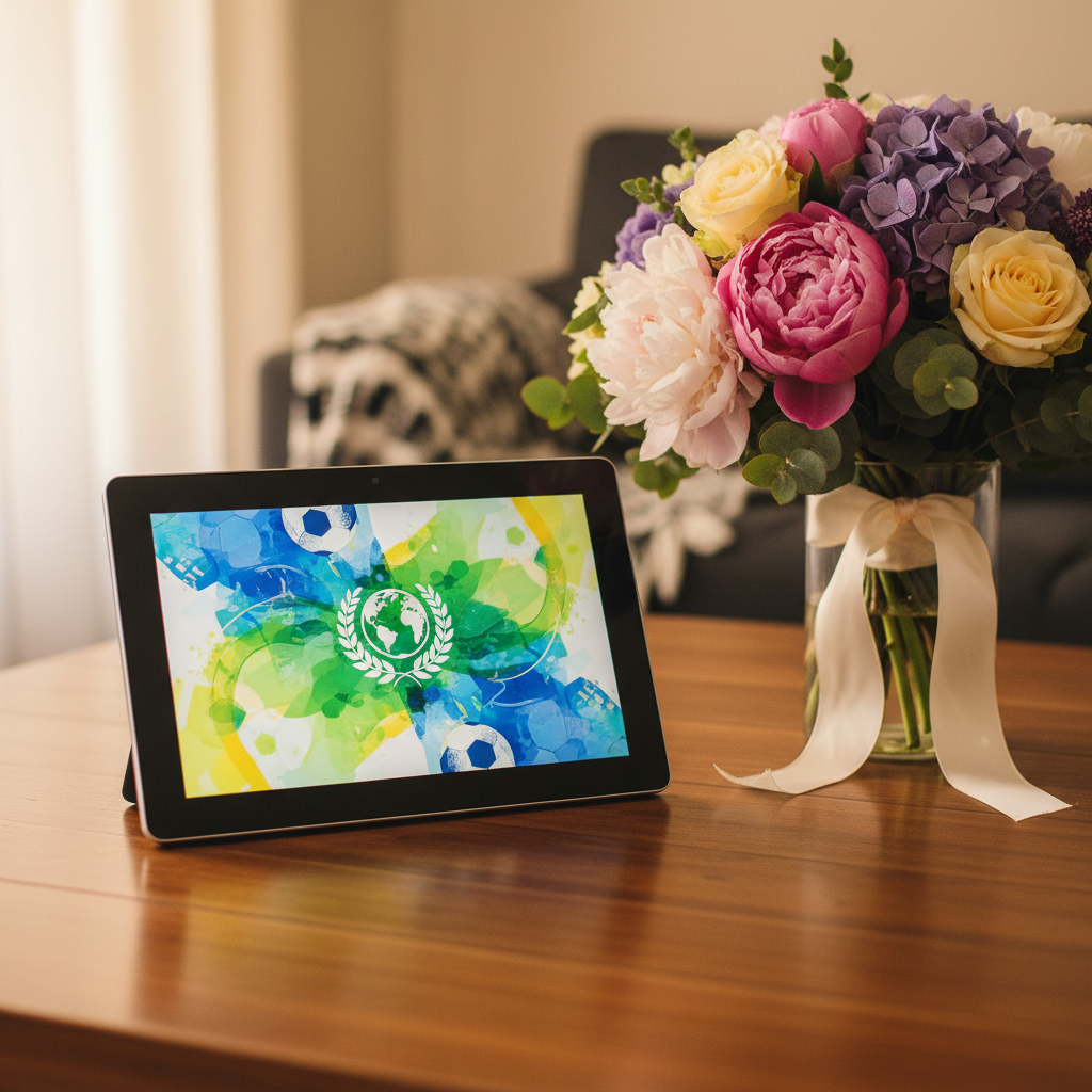 Tablet Lenovo Idea Tab Edição Copa do Mundo sobre uma mesa, com flores ao lado, simbolizando o Dia das Mães e a promoção.