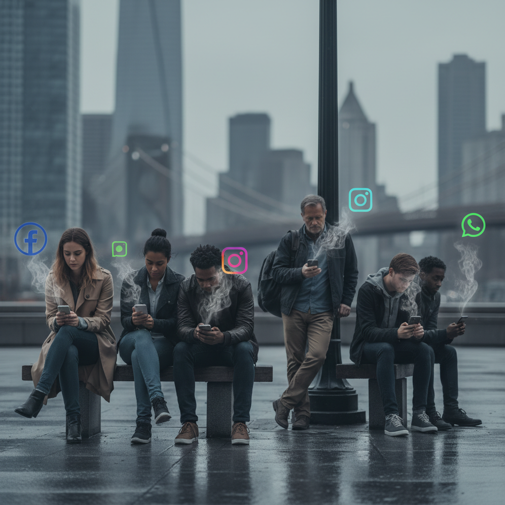 Pessoas conectadas a smartphones com logotipos do Facebook, Instagram e WhatsApp em um ambiente digital sombrio, simbolizando a perda de usuários e a fadiga das redes sociais.
