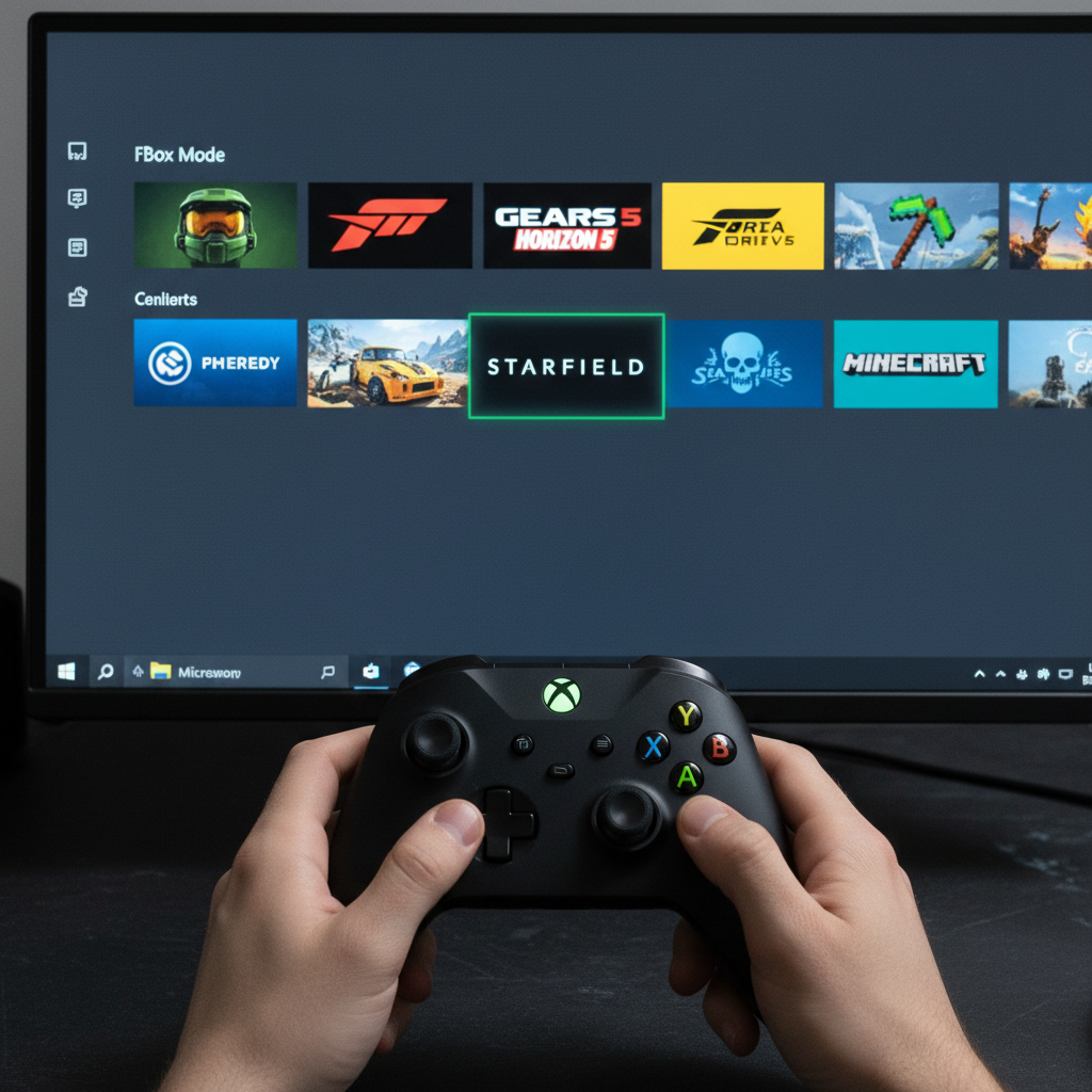 Tela do Windows 11 apresentando o Modo Xbox em tela cheia, com diversos ícones de jogos e um controle de Xbox em destaque.