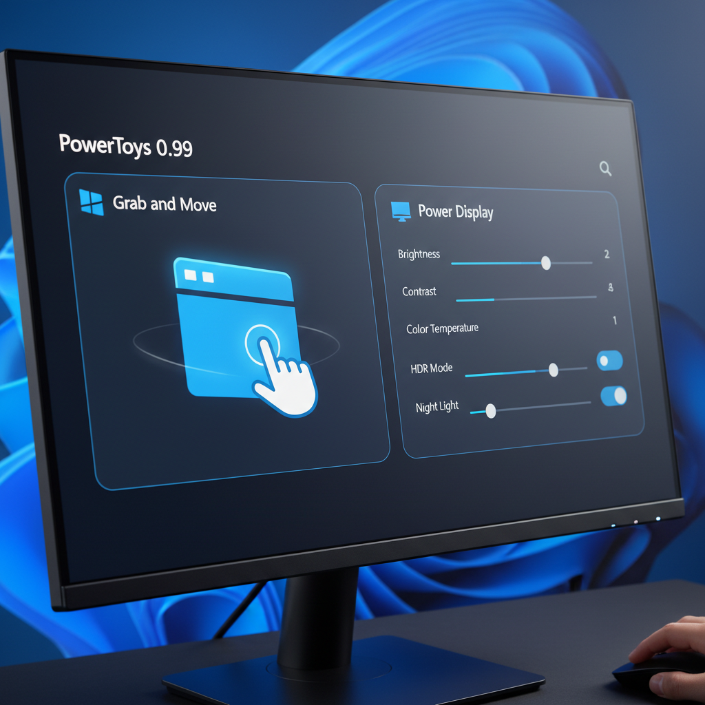 Representação gráfica da interface do PowerToys 0.99 mostrando as novas funções de mover janelas e controle de monitor. O logo do PowerToys é visível, com janelas sendo facilmente realocadas e um painel de controle de tela. Foco em usabilidade e design moderno.