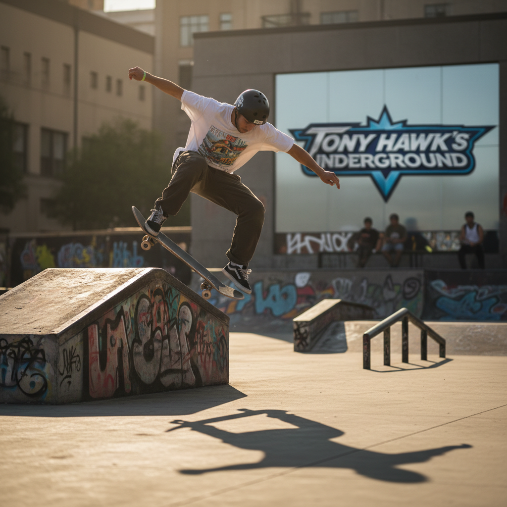 Close-up de um skatista fazendo uma manobra radical em um ambiente urbano, com o logo de Tony Hawk’s Underground ao fundo, estilizado para um remaster.