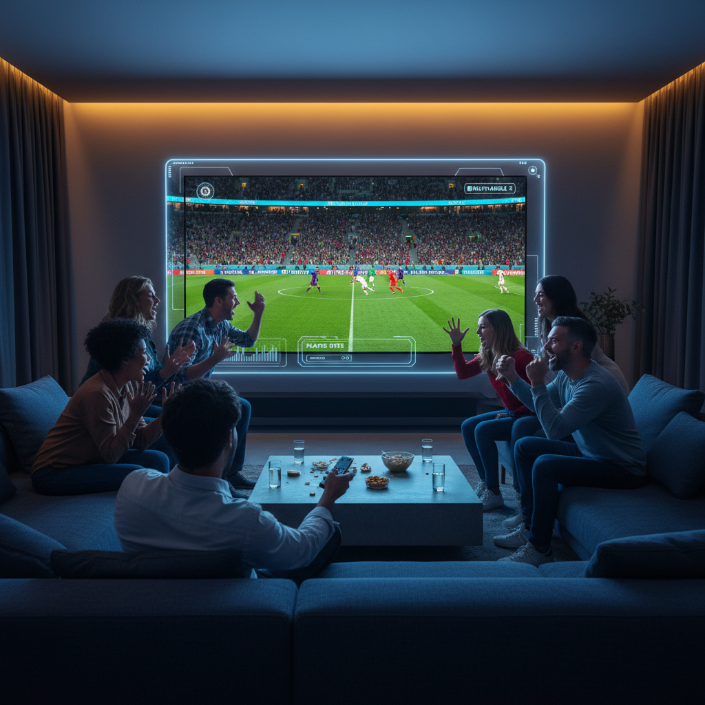 Pessoas empolgadas assistindo a um jogo de futebol em uma televisão com alta definição e recursos interativos, simbolizando a TV 3.0 na Copa do Mundo.