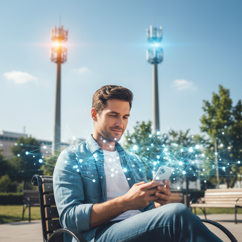 Pessoa conectada a um smartphone em uma área com torres de conexão, simbolizando internet móvel 5G