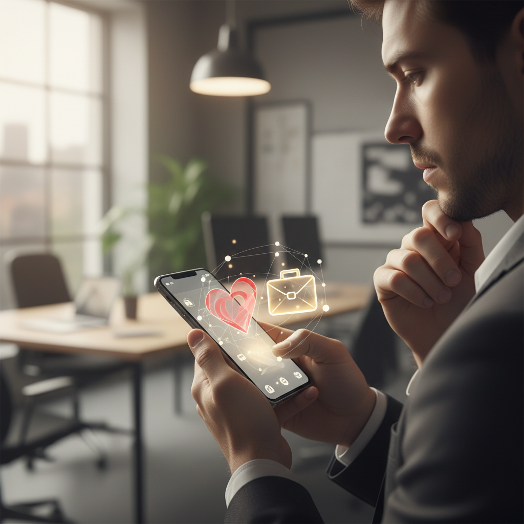 Pessoa pensativa olhando para um smartphone com ícones de coração e carreira flutuando na tela, em um ambiente de escritório moderno, simbolizando busca por conselhos pessoais através da IA.