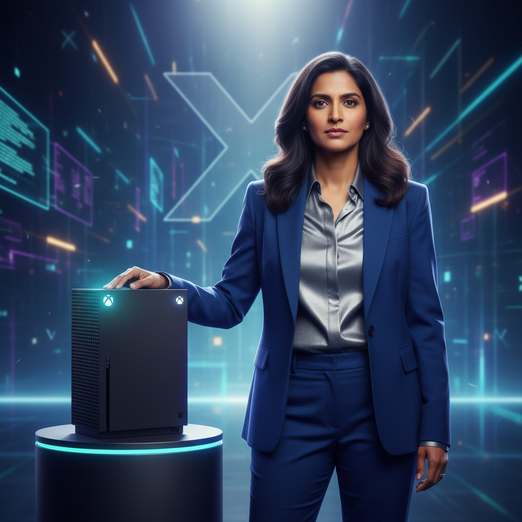 Asha Sharma, CEO do Xbox, à frente, com um console Xbox Series X em destaque, simbolizando o retorno da marca.