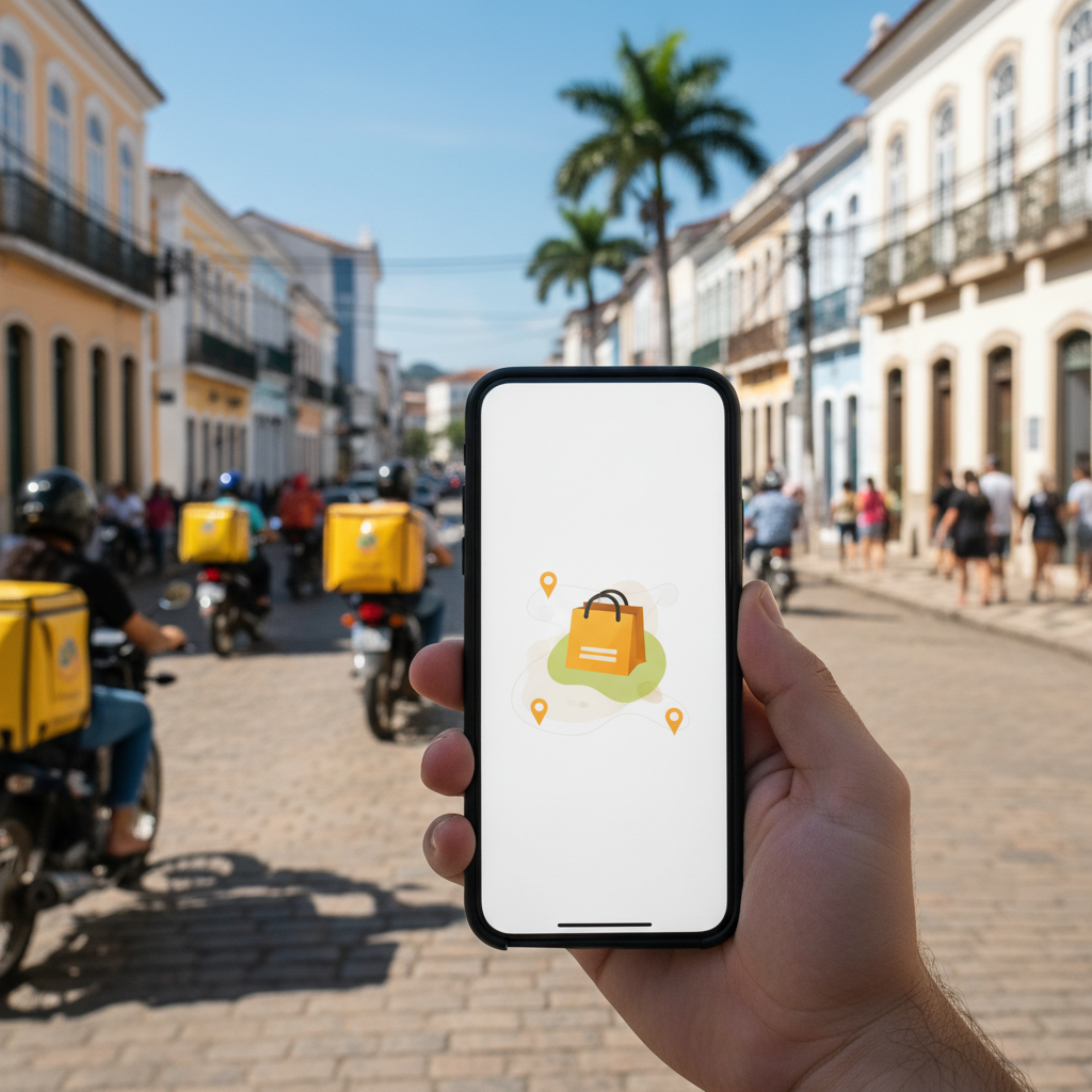 Aplicativo de delivery 99Food em smartphone, simbolizando a expansão e a Guerra do Delivery no Brasil na Baixada Santista.