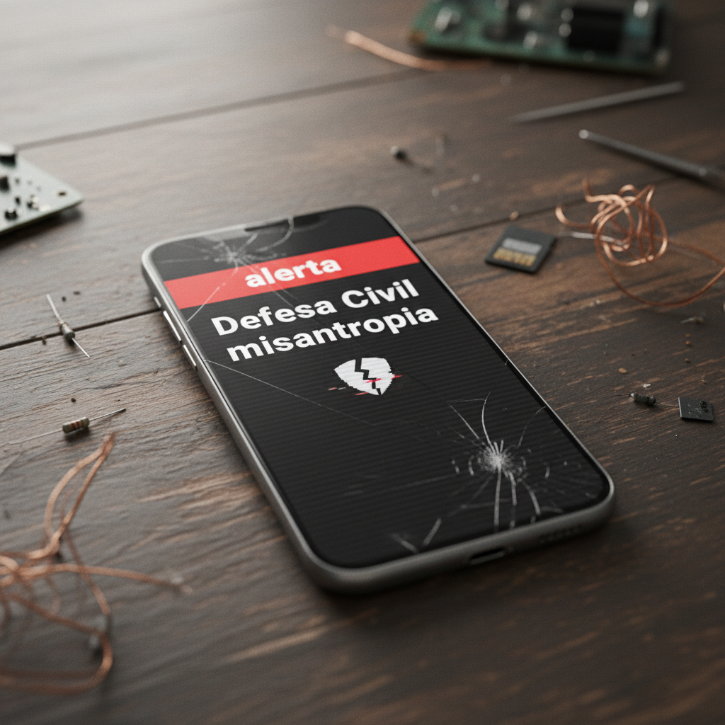 Representação visual de um alerta de emergência em um smartphone com o texto 'alerta Defesa Civil misantropia' em uma tela escura, simbolizando a invasão do sistema de alerta.