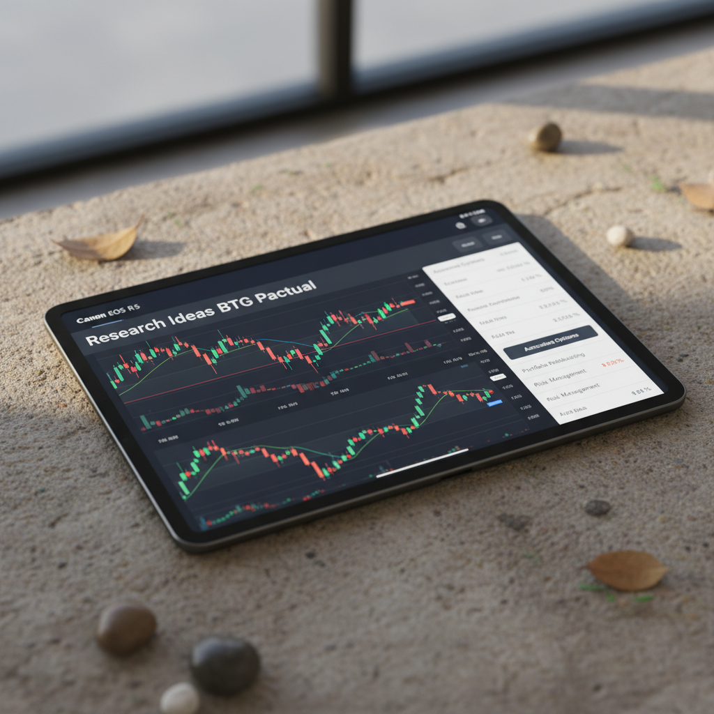 Interface moderna do Research Ideas BTG Pactual em um tablet, mostrando gráficos de ações e opções de execução automatizada de estratégias de investimento.
