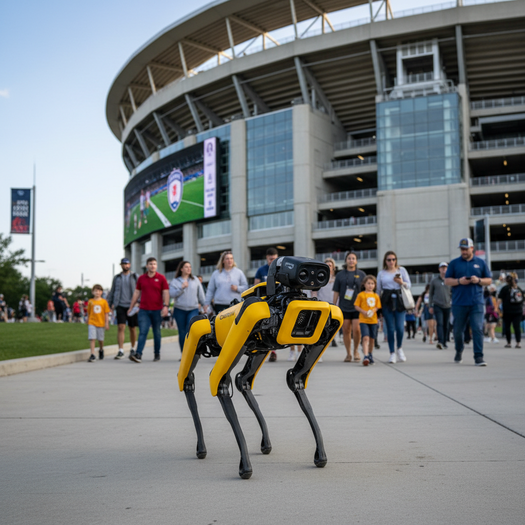 cães-robôs Copa do Mundo — Um cão-robô Spot da Boston Dynamics patrulha o entorno de um estádio de futebol, simbolizando a se