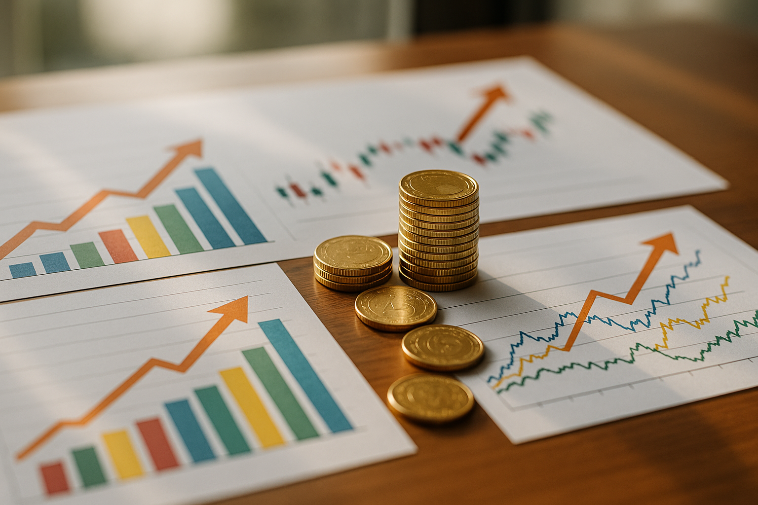 Representação de gráfico financeiro com setas indicando crescimento, simbolizando uma carteira de ETFs bem-sucedida e diversificada.