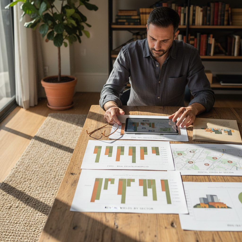 Pessoa analisando gráficos e dados financeiros, ilustrando o processo de como investir em fundos imobiliários para gerar renda passiva.