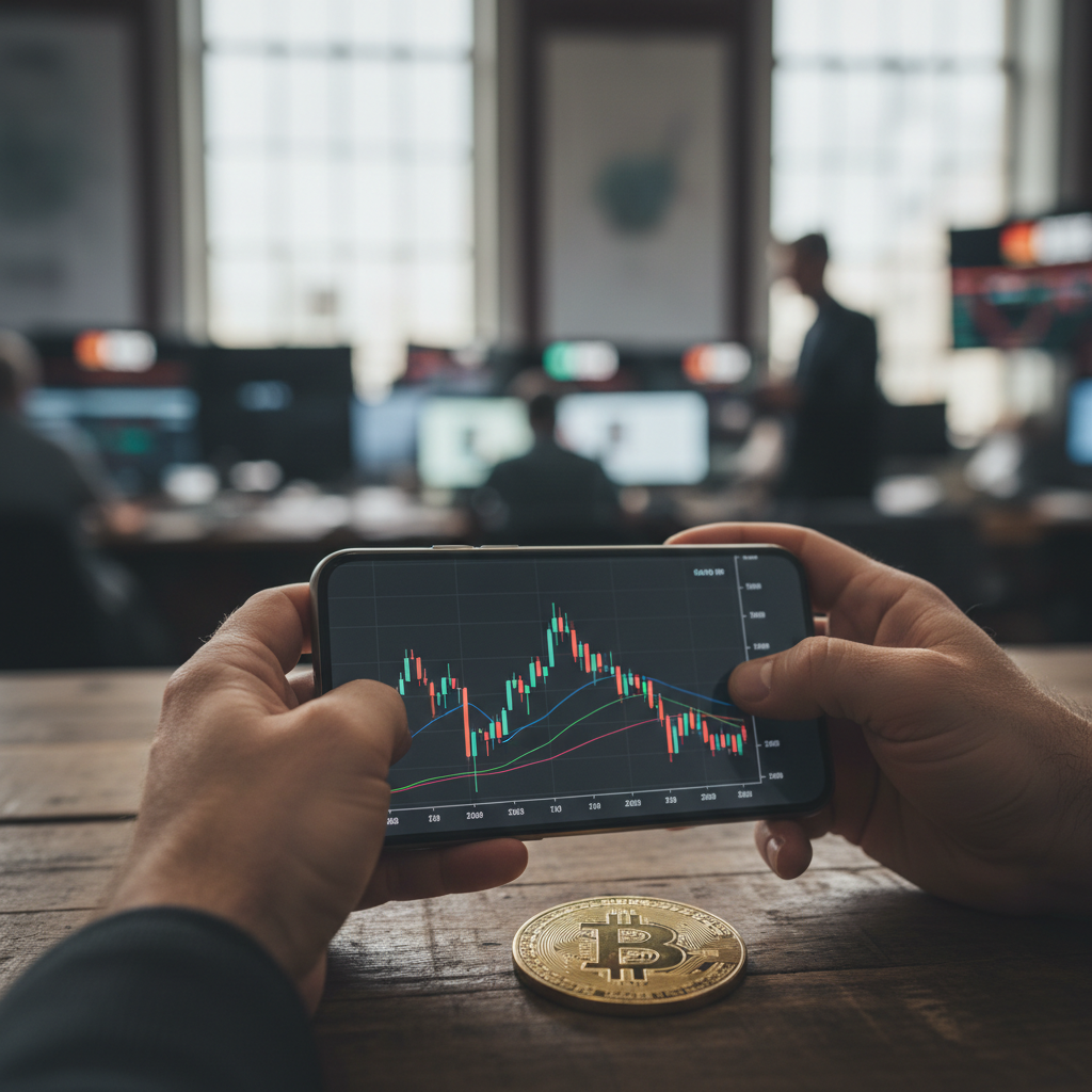 Mãos segurando um smartphone com o gráfico do Bitcoin e uma moeda digital, simbolizando a decisão de comprar Bitcoin em meio à volatilidade do mercado.