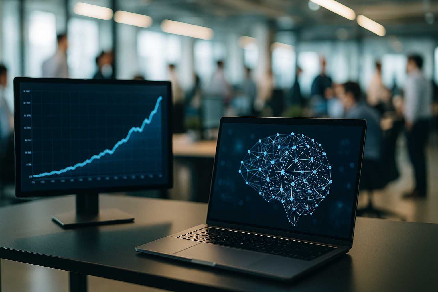 DeepSeek avaliada US$ 59 bilhões — Uma representação visual do crescimento de uma startup de IA, com gráficos ascendentes, si