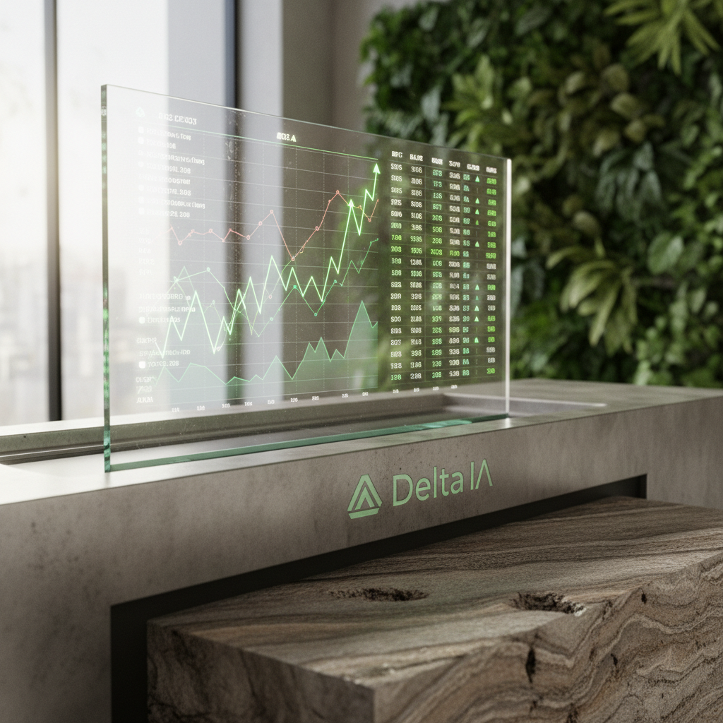 Interface de inteligência artificial da Delta IA exibindo gráficos de ativos digitais com setas de lucro, simbolizando a Delta IA renda diária e ganhos automatizados.