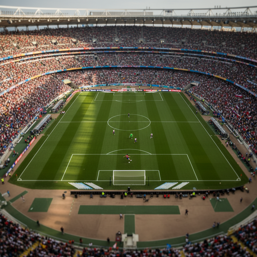 Visão aérea de um jogador de futebol cobrando um pênalti em um estádio lotado na Copa do Mundo 2026, ilustrando a economia do pênalti.