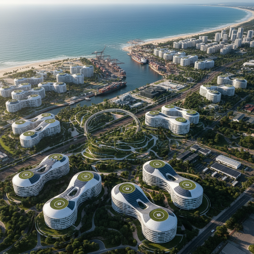 Visão aérea moderna de Parnaíba, Piauí, com edifícios tecnológicos e áreas verdes, simbolizando o avançado Porto Digital Piauí e seu ecossistema de inovação.