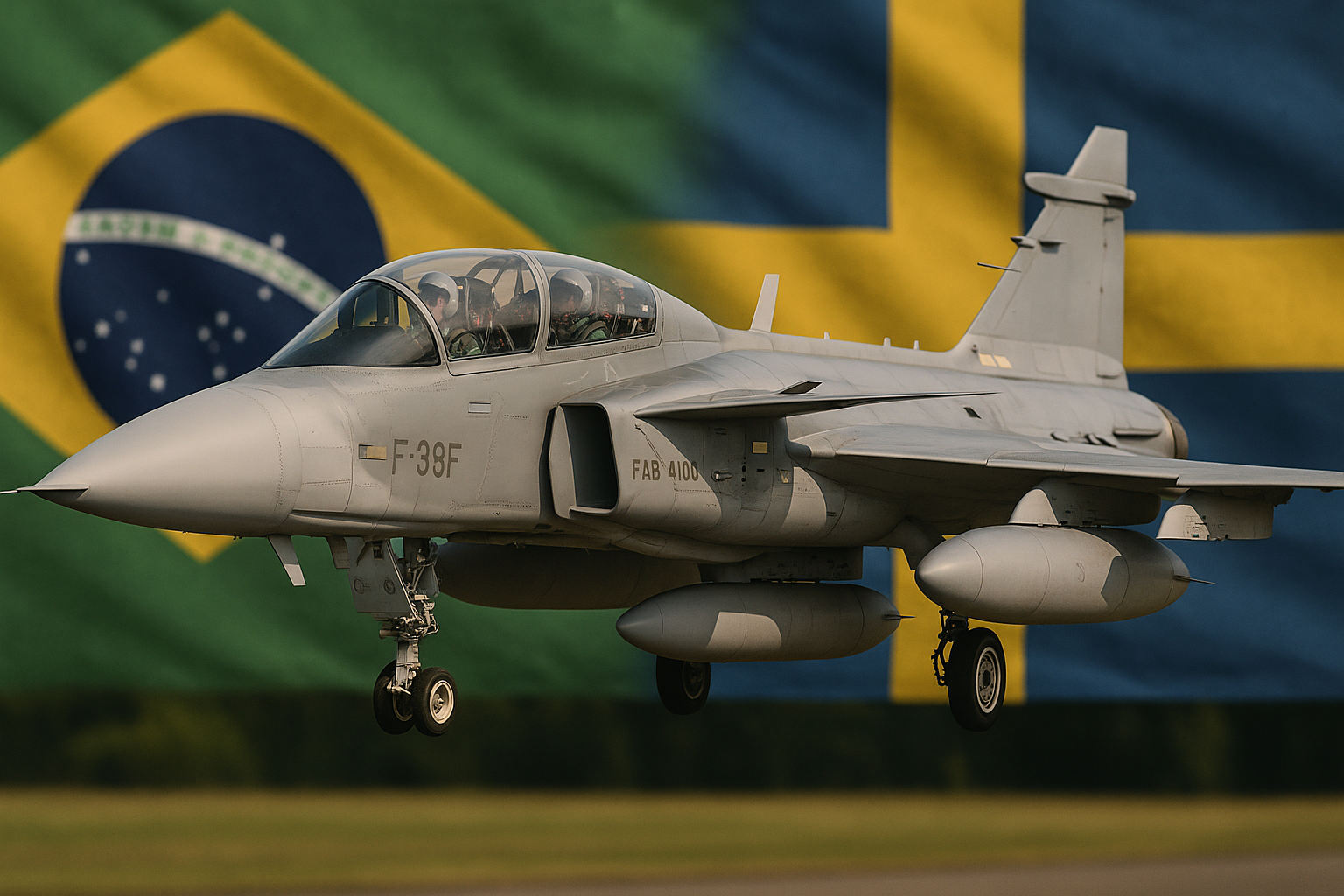 Caça Gripen F-39F biposto, resultado da parceria entre FAB e Saab, em voo de demonstração, simbolizando avanço tecnológico.