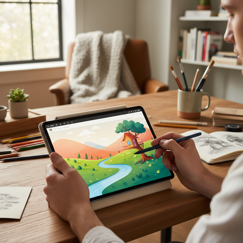 Imagem do Galaxy Tab S10 FE Plus em uso com a S Pen, destacando sua tela grande e design premium em um ambiente produtivo.