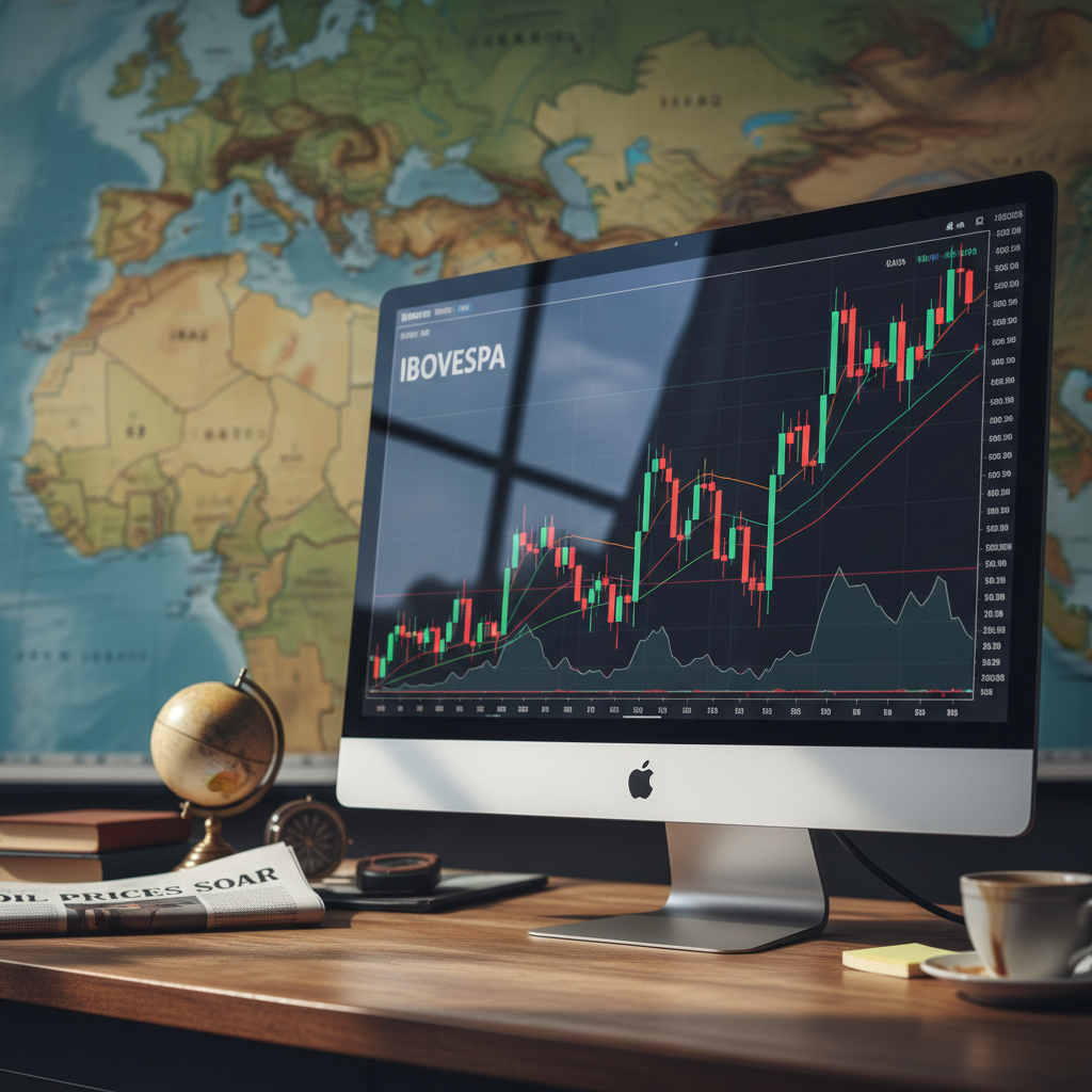 Gráfico de ações do Ibovespa com o mapa do Oriente Médio ao fundo, simbolizando a influência das negociações entre EUA e Irã na performance do Ibovespa hoje.