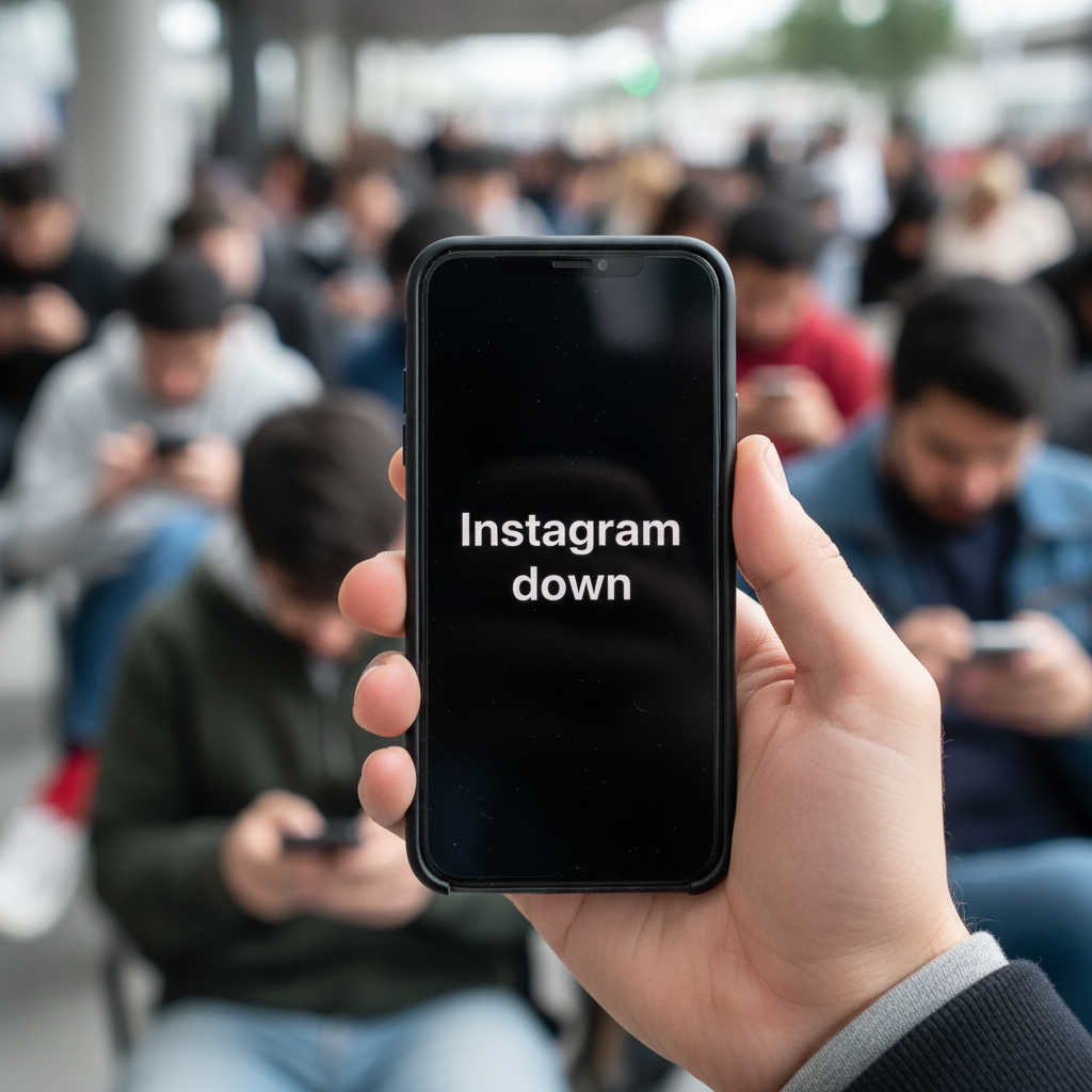 Imagem ilustrativa de um smartphone exibindo a mensagem 'Instagram fora do ar', com fundo desfocado de pessoas usando o celular, representando a instabilidade global da plataforma.