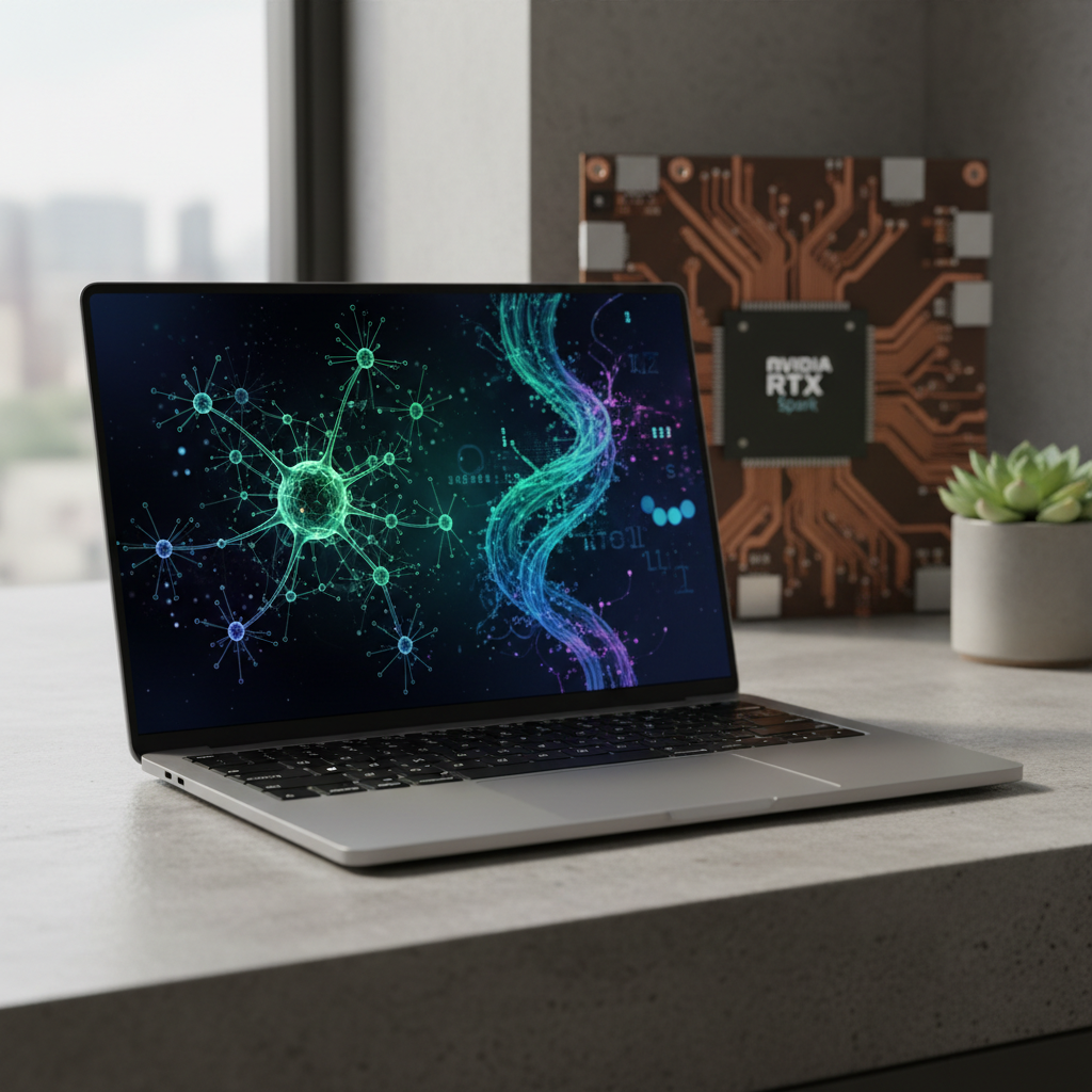 Um notebook moderno exibindo gráficos avançados e elementos de Inteligência Artificial em notebooks, com o chip RTX Spark da Nvidia ao fundo.