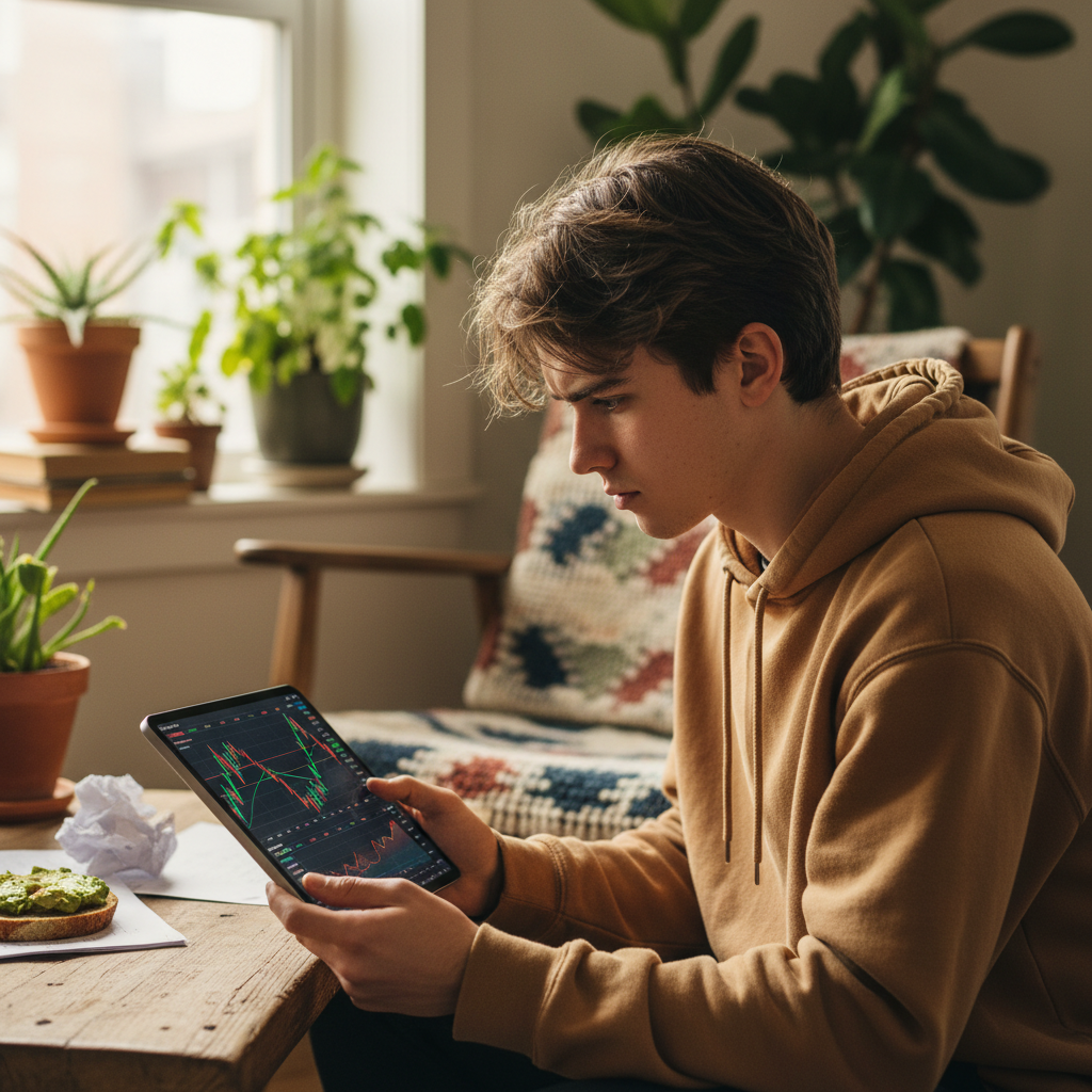 investimentos geração Z — Jovem da Geração Z analisando gráficos de criptomoedas e ações em tablet, ilustrando os novos inves