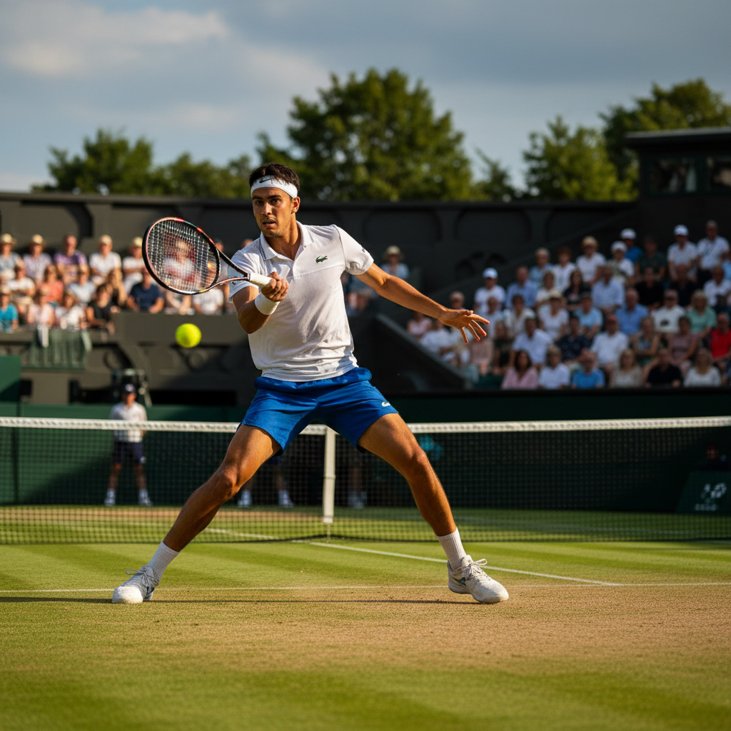 João Fonseca ATP Halle: Jovem tenista brasileiro em ação na quadra de grama, focado na sua estreia.