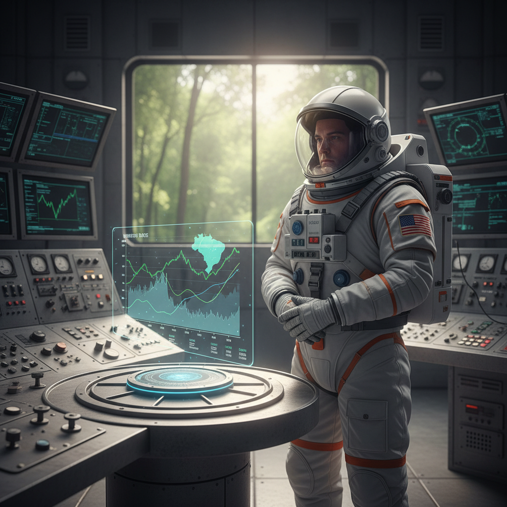 Astronauta observando gráficos financeiros, simbolizando a análise da <strong>Kinea juros EUA Brasil</strong> em cenários desafiadores.