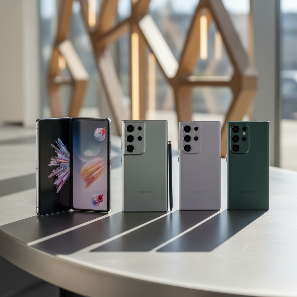 Uma variedade de lançamentos de celular Samsung 2026, incluindo modelos da linha Galaxy S, Z e A, dispostos em uma superfície moderna e tecnológica.