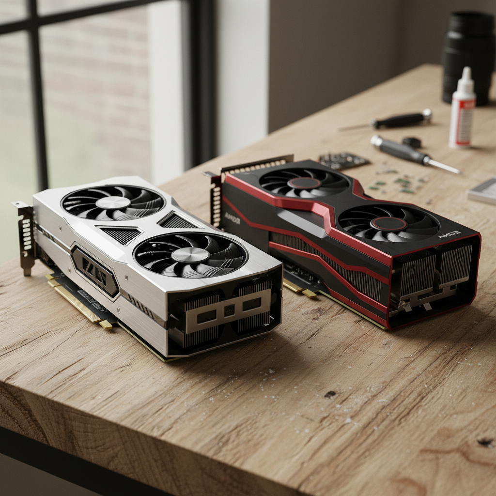 Comparativo visual entre uma GPU NVIDIA GeForce RTX e uma AMD Radeon, ilustrando a Melhor GPU PC Gamer 2026 e suas tecnologias.