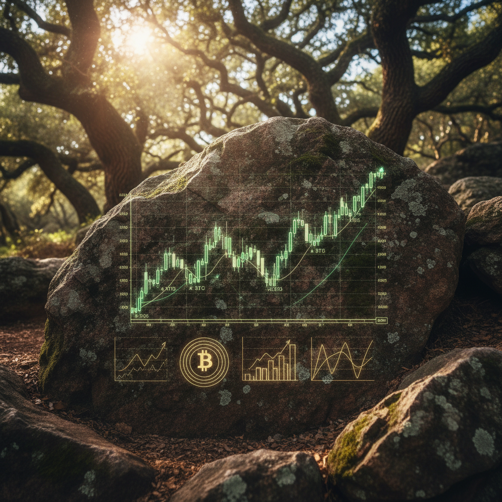 Gráfico do Bitcoin (BTC) com indicadores financeiros, ilustrando a resiliência no mercado de criptomoedas.